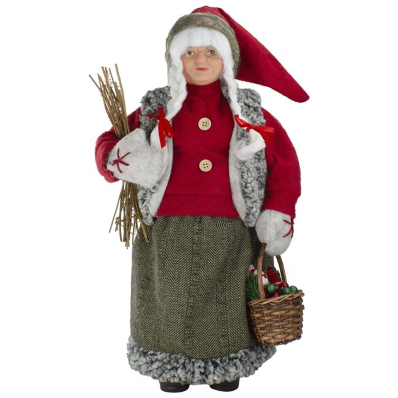 Northlight 34316615 18 in. Standing Mrs. Clause Christmas Figure Carrying a Basket of Gifts &#x26; Firewood